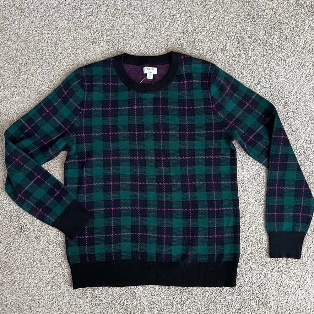 J. Crew Plaid Crewneck Teddie Sweater - Green and Black